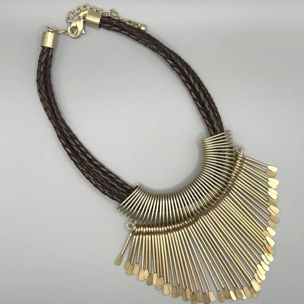 Chico’s Gold Fringe Bib Statement Necklace | Brown Braided Cord | NWOT